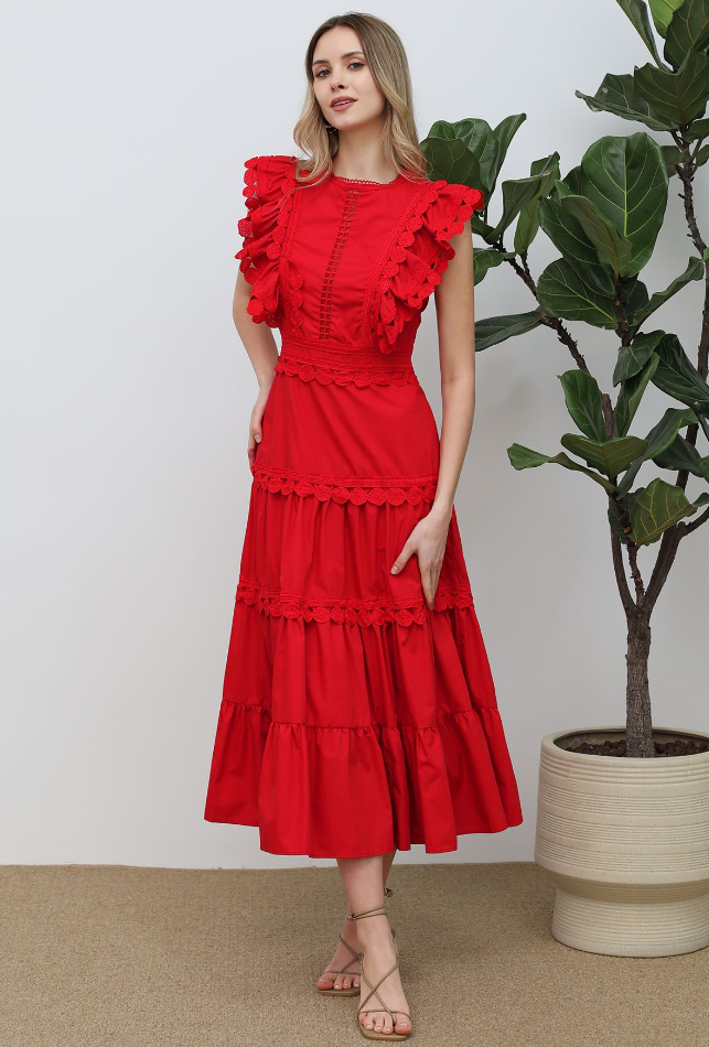 ÄRMELLOSES MIDIKLEID MIT HÄKELBESATZ IN ROT