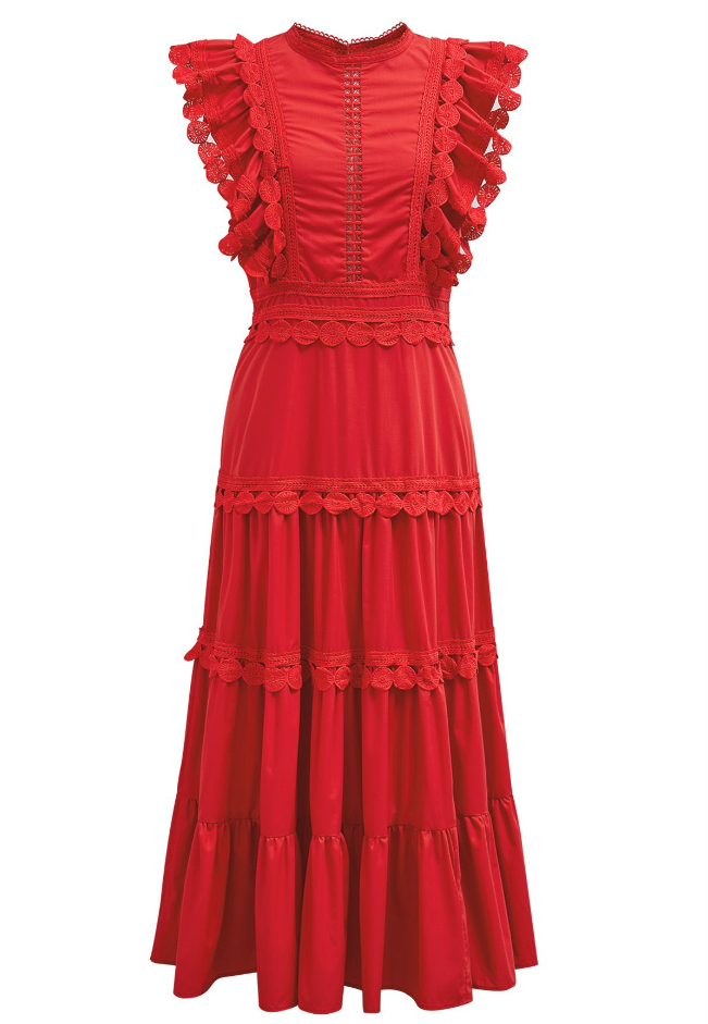 ÄRMELLOSES MIDIKLEID MIT HÄKELBESATZ IN ROT