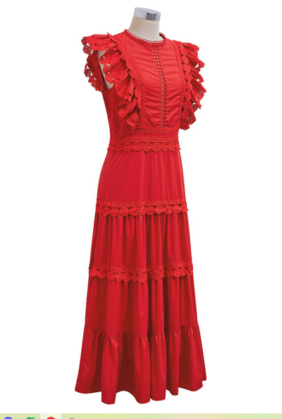 ÄRMELLOSES MIDIKLEID MIT HÄKELBESATZ IN ROT